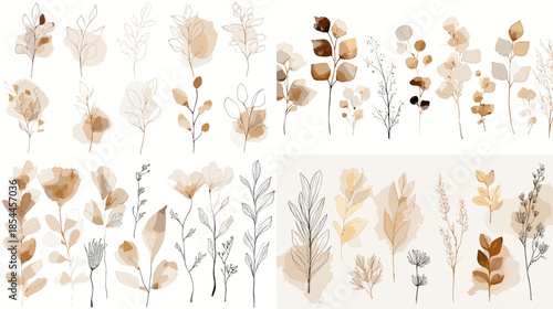 Delicate watercolor wild plants and dried florals in soft neutral shades, perfect for boho decor, wedding stationery, botanical branding, and elegant nature compositions.