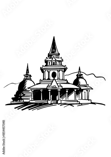Ancient Buddhist Temple in Black and White Background with Historic Architecture 
