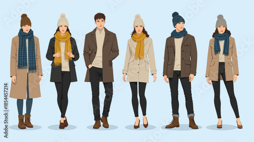 Stylish winter fashion collection featuring diverse men and women in warm coats, scarves, and beanies