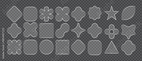 Many glossy glass shapes with silver frames are displayed on a transparent checkered background