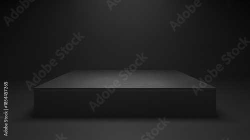 Empty black rectangular pedestal stage in a dark studio room, front view.