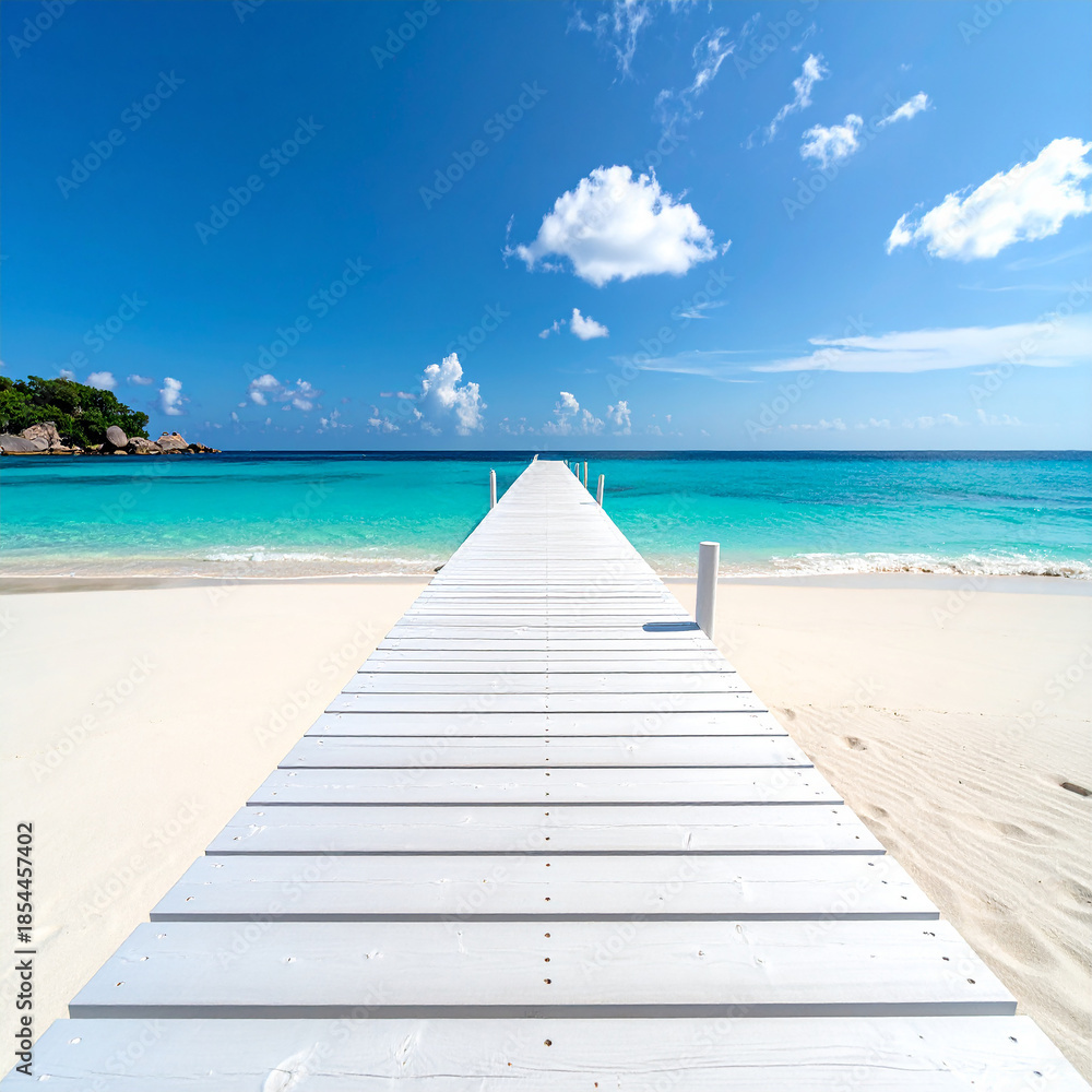 Fototapeta premium White wooden pier leading to turquoise ocean and white sand beach under blue sky image photo