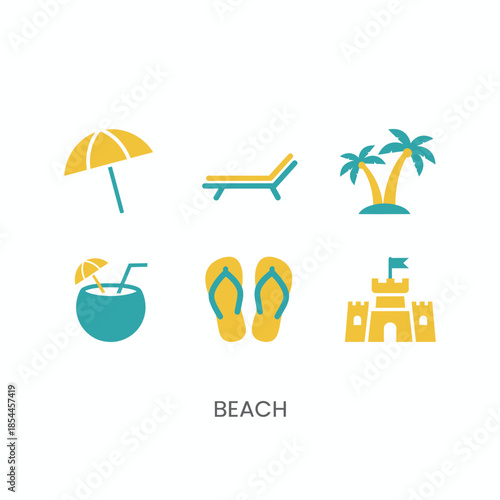 Minimal beach icon set featuring umbrella, lounge chair, palm trees, coconut drink, flip flops, and sandcastle for summer, vacation, and seaside themes.