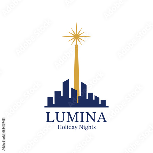 Lumina Holiday Nights logo shows a glowing star above a city skyline, symbolizing festive urban travel, night celebrations, bright lights, and memorable holiday experiences.