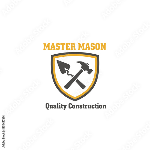 Master Mason logo featuring crossed hammer and trowel inside a shield, symbolizing quality construction, craftsmanship, strength, and professional masonry services.