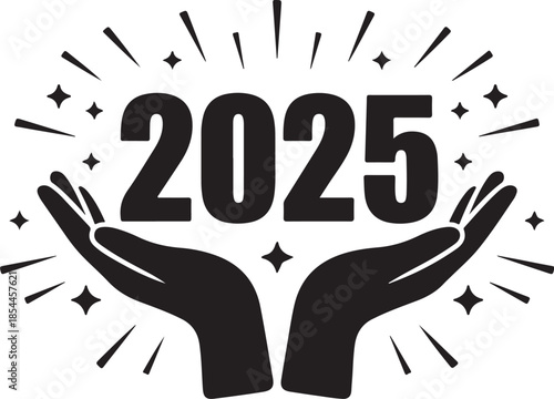 Black 2025 year number held by cupped hands with radiating lines