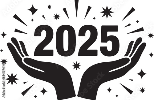 Black 2025 year number held by cupped hands with sparkles 2
