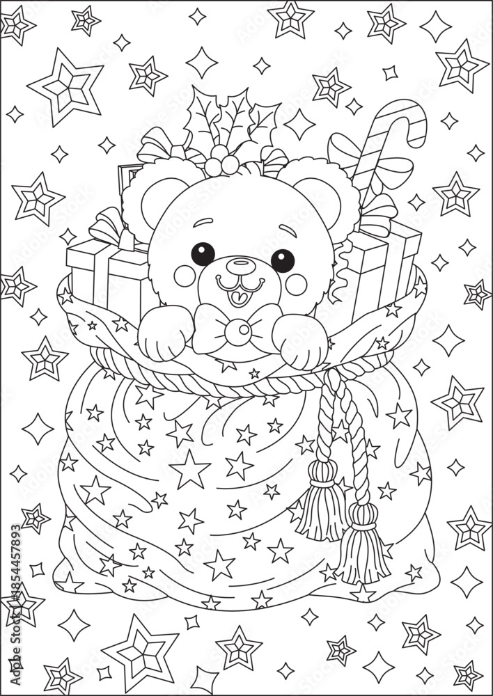 Fototapeta premium Santa Bag Christmas Gifts Coloring Page For Kids Line Art Vector