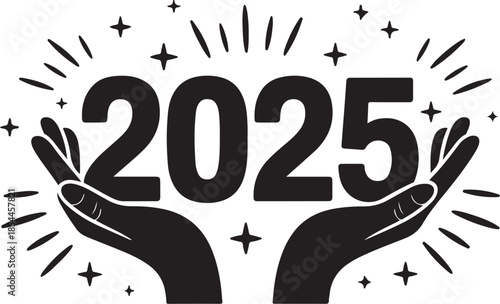 Black 2025 year number held by hands with stars and rays 1