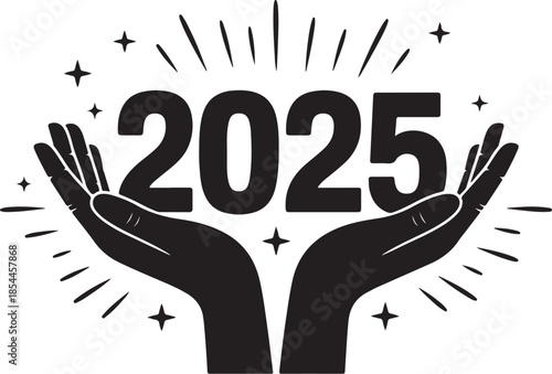 Black 2025 year number held by cupped hands with stars
