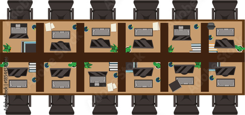 Work Desk Office Top View Table With Chair Interior Design Workstation Vector