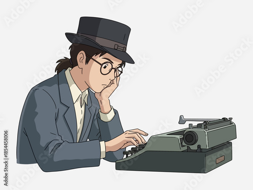Man in Suit and Hat Typing on Typewriter.