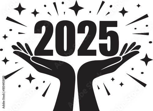 Black 2025 year number held by hands with stars new year