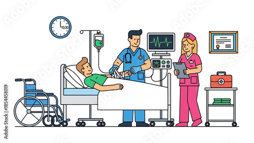 Medical team attending to patient in hospital room with equipment