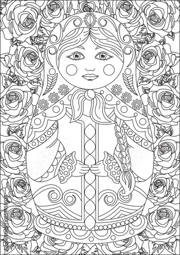 Russian Doll With Rose Background Coloring Page For Adult Vector