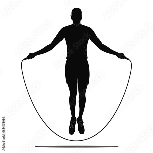 Black silhouette of man jumping rope in mid air with skipping rope