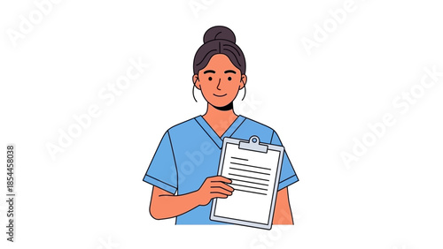 Smiling nurse holding clipboard in blue scrubs illustration