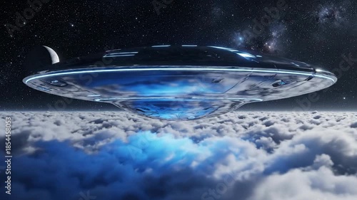 UFO flying above the clouds at night.