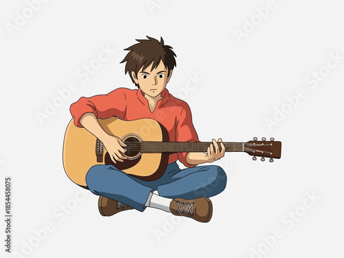 Young Man Sitting and Playing Guitar.