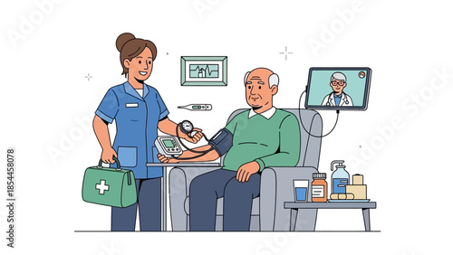 Nurse assisting elderly patient with telemedicine consultation at home