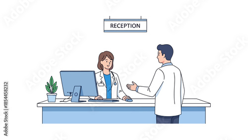Healthcare professional assisting patient at medical reception desk
