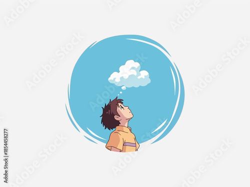 Young Man Looking Up at Cloud.