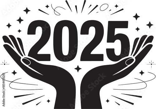 Black 2025 year number held by open hands with stars