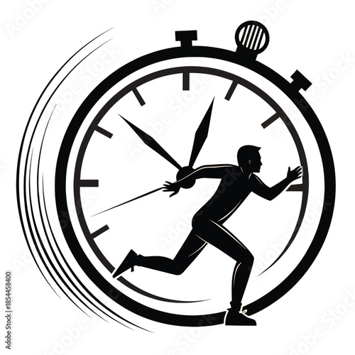 Black and white vector illustration of two runners in stopwatch