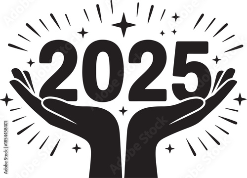 Black 2025 year number held by two hands with starbursts
