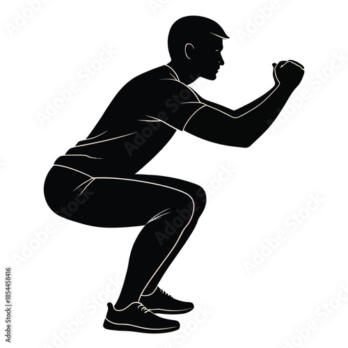 Man in dynamic squat position with arm punch, black silhouette