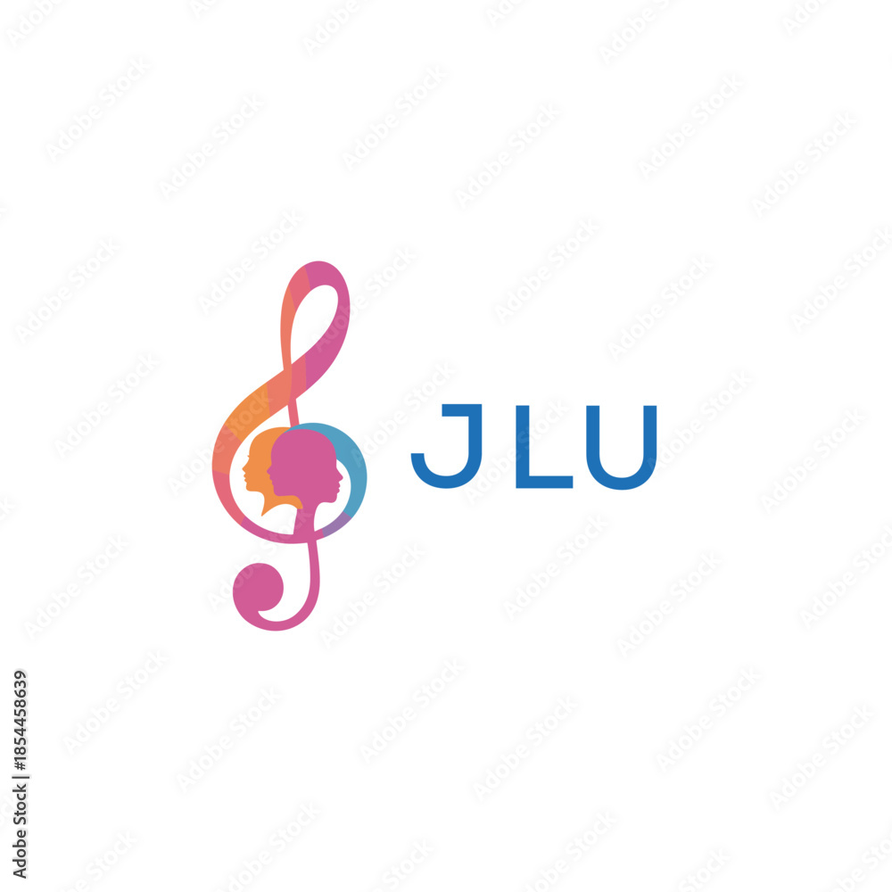 Fototapeta premium “Creative music logo with human silhouettes and treble clef in gradient colors, JLU Later Logo, modern artistic design isolated on white background” 