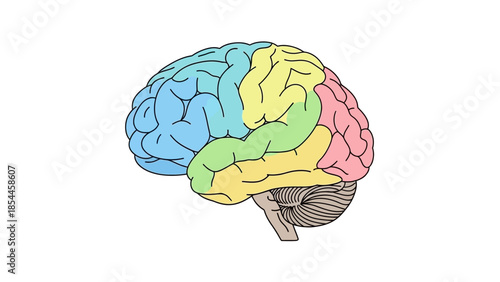 Colorful anatomical illustration of human brain on white background