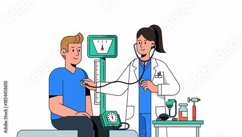 Illustration of Doctor Checking Patient's Blood Pressure in Clinic