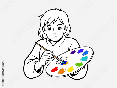 Child Painting with Paints and Brush.