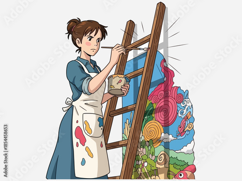Female Artist Painting on Ladder Canvas.