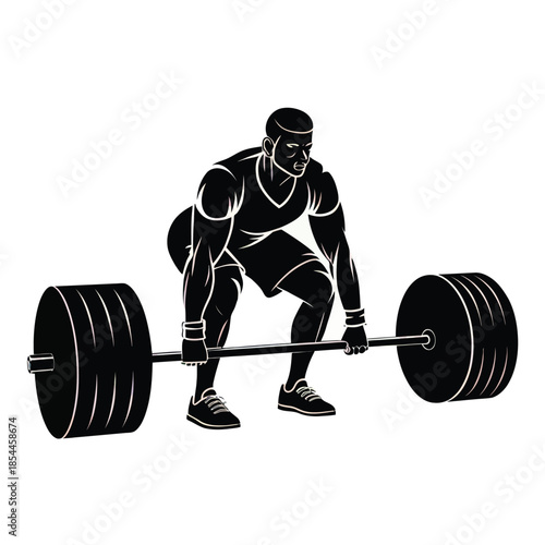 Man lifting heavy barbell weights in gym, black and white vector