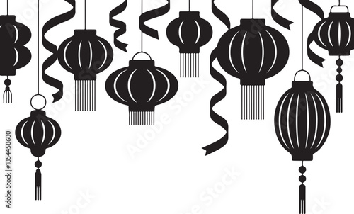 Black Chinese Lanterns and Ribbons on White Background