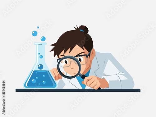 Scientist Examining Liquid with Magnifying Glass.