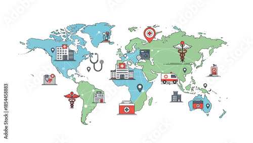 Global Healthcare Network Map with Medical Icons and Locations