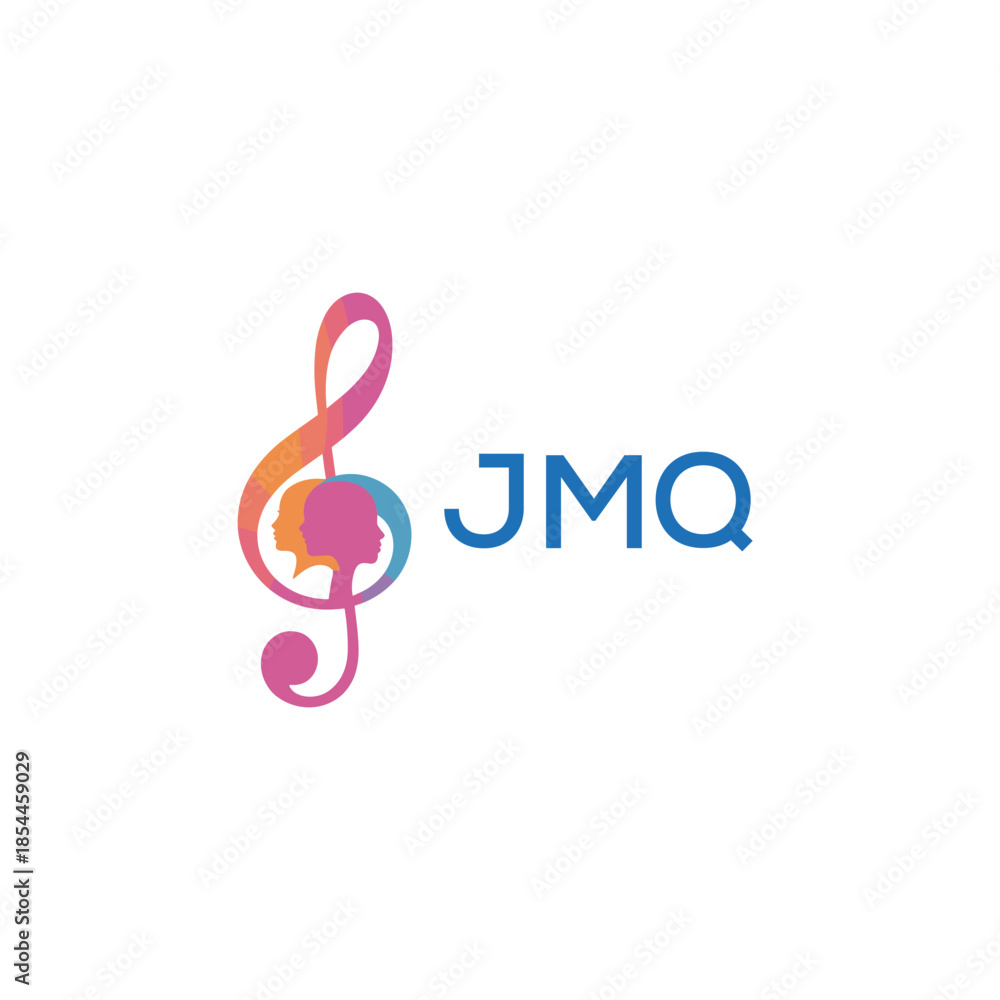 Fototapeta premium “Creative music logo with human silhouettes and treble clef in gradient colors, JMQ Later Logo, modern artistic design isolated on white background”