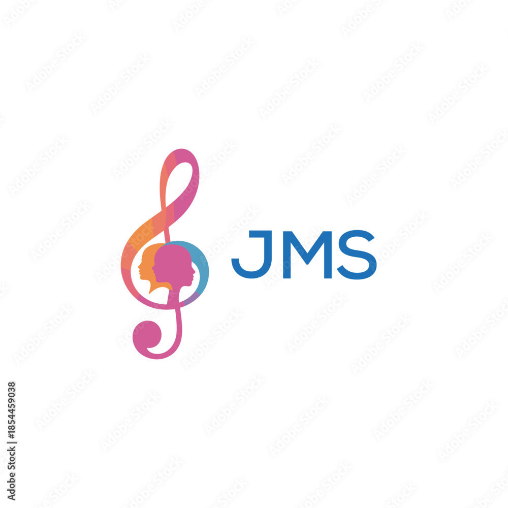 Fototapeta premium “Creative music logo with human silhouettes and treble clef in gradient colors, JMS Later Logo, modern artistic design isolated on white background” 