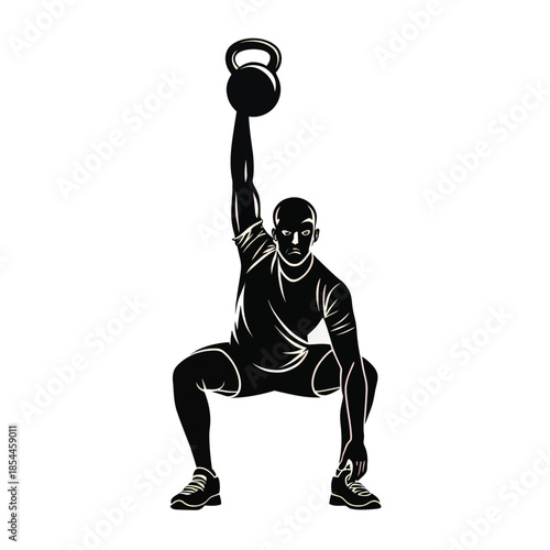 Black and white vector illustration of a man doing kettlebell
