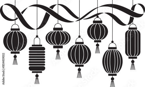 Black Chinese lanterns hanging from ribbon vector