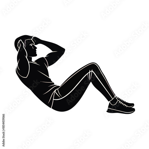 Black and white vector silhouette of a woman doing crunches