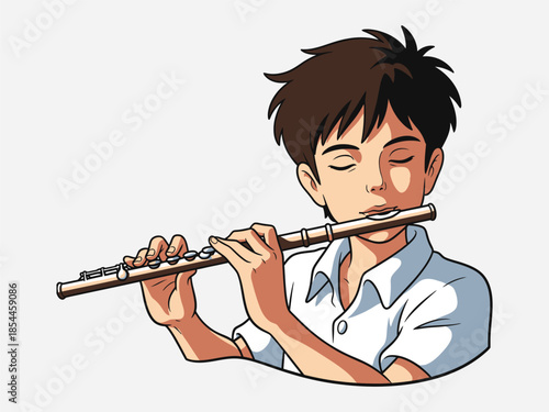 Young Boy Playing Flute with Eyes Closed.