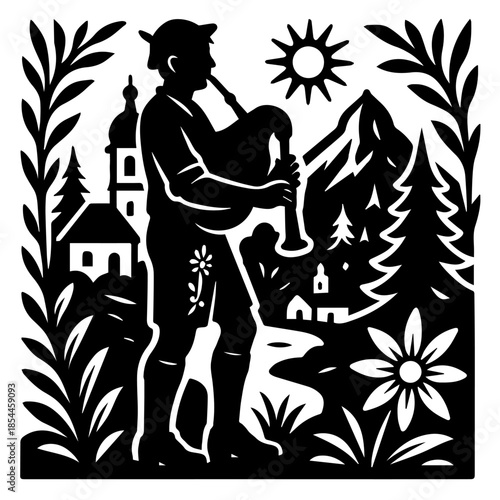 Musician Playing Guitar in Nature Black and White Illustration