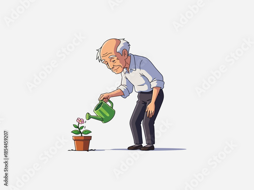 Elderly Man Watering Small Potted Flowering Plant.
