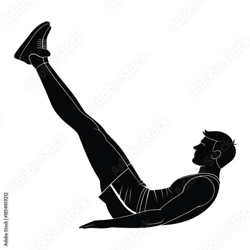 Black and white vector illustration of a man doing crunches