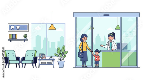 Mother and child visiting dental clinic reception in modern illustration