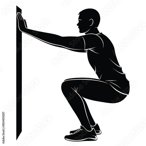 Black and white vector illustration of man doing squats exercise